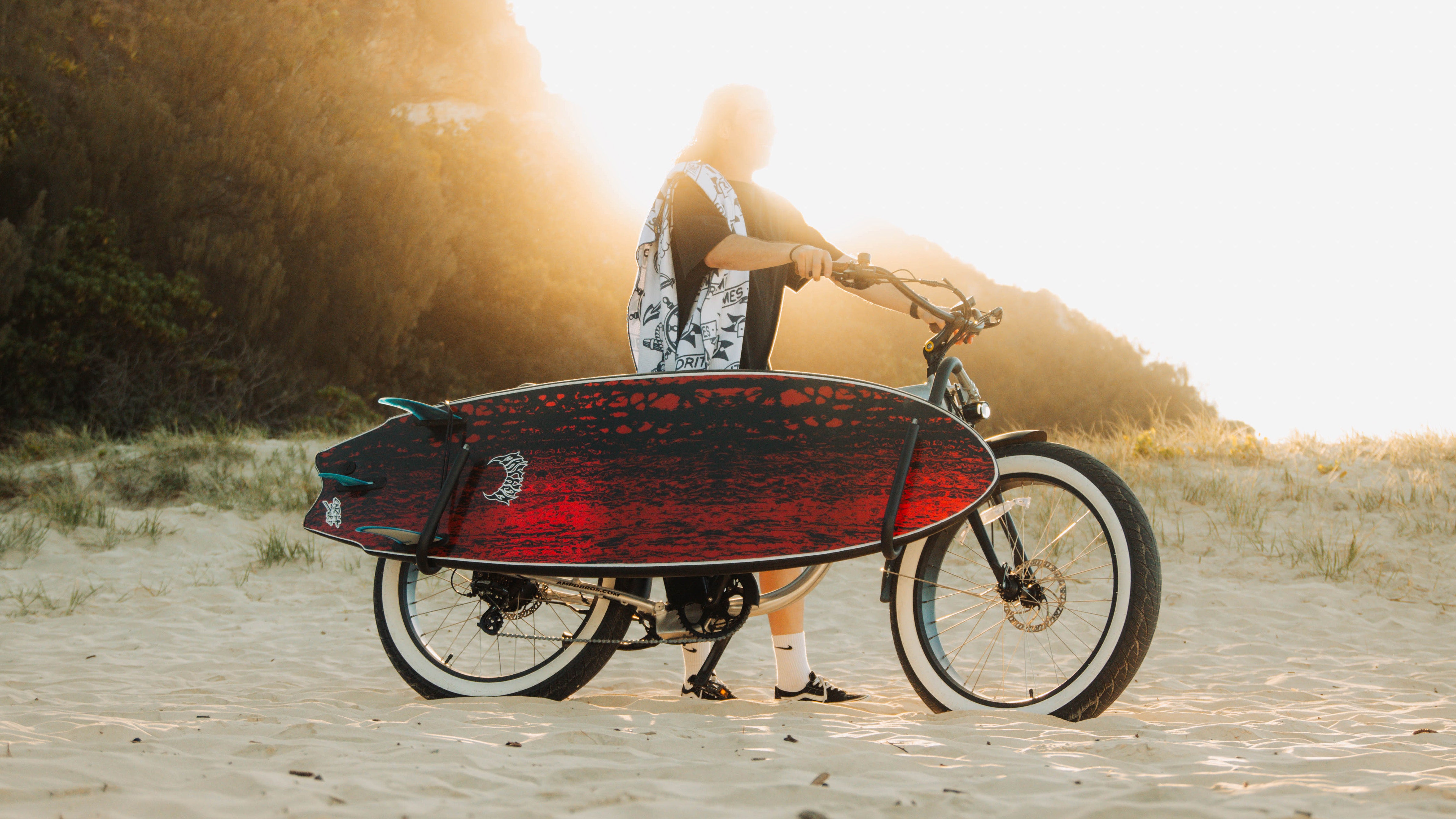 Electric bike with online surfboard rack